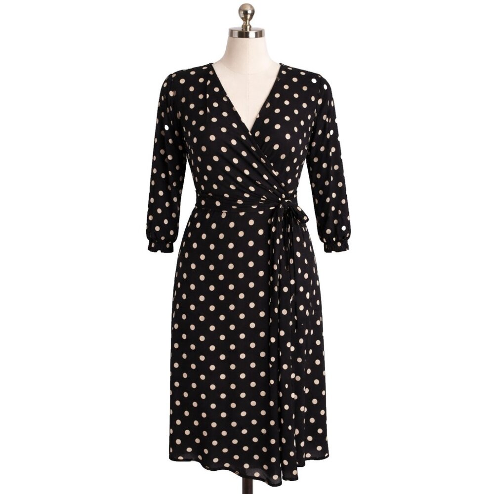 Sade New York Wrap Dress Womens Size 12 Black Polka Dot 3/4 Sleeve Midi Carrier